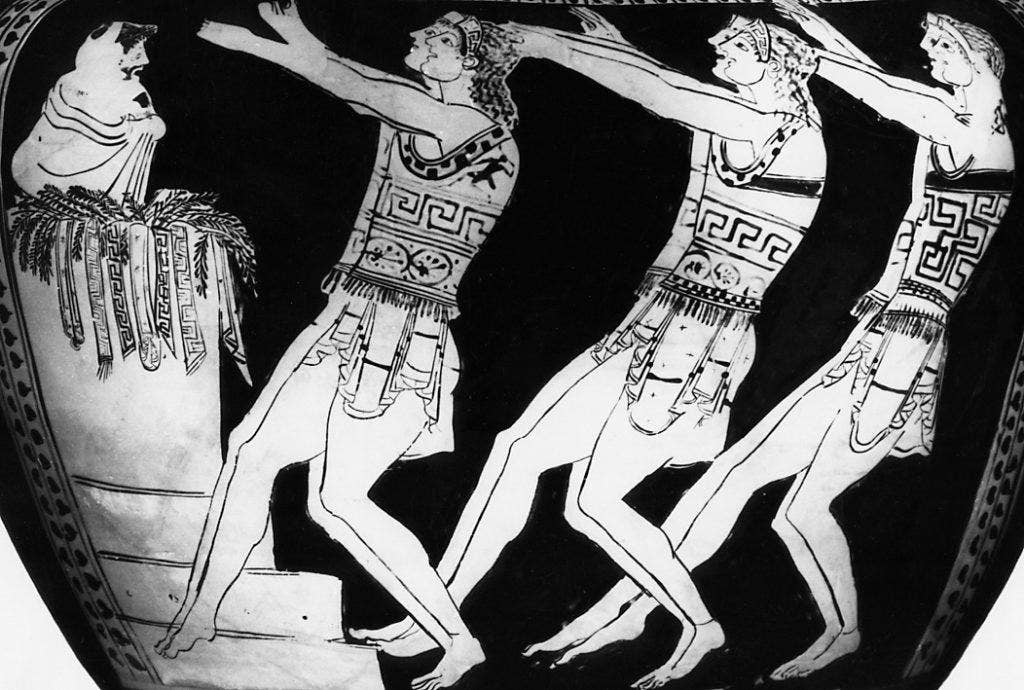 A classical Greek Chorus as depicted on pottery from the era.