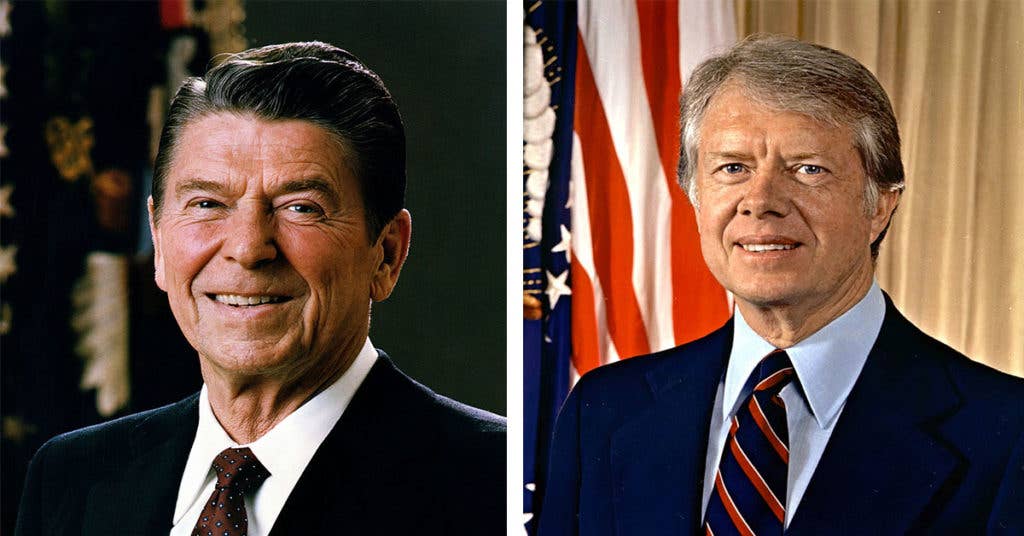 Ronald Reagan and Jimmy Carter. Photos by U.S. federal government.
