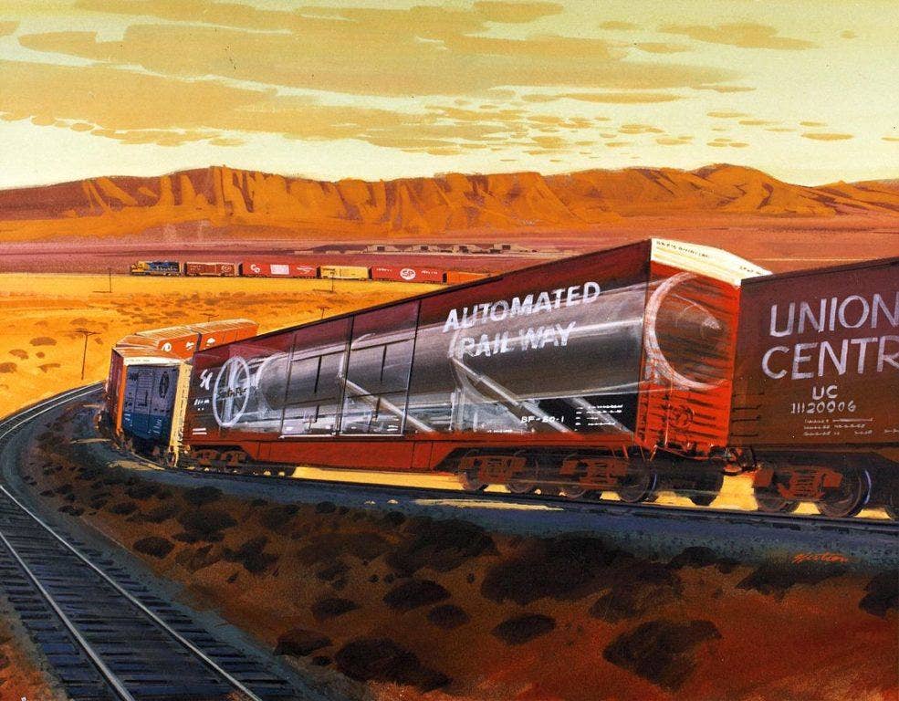 Concept art for the U.S. Peacekeeper Rail Garrison missile system. Image: San Diego Air  Space Museum