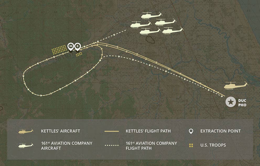 The satellite image of the Song Tra Cau riverbed, near Duc Pho, Republic of Vietnam. The graphic overlay depicts then-Maj. Charles Kettles flight path during the emergency extraction, May 15, 1967, as part of Operation Malheur.
