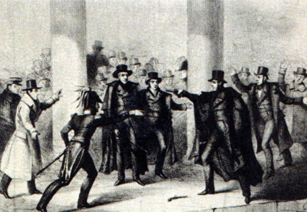 The etching of the 1835 assassination attempt of Andrew Jackson. Image: Public Domain.