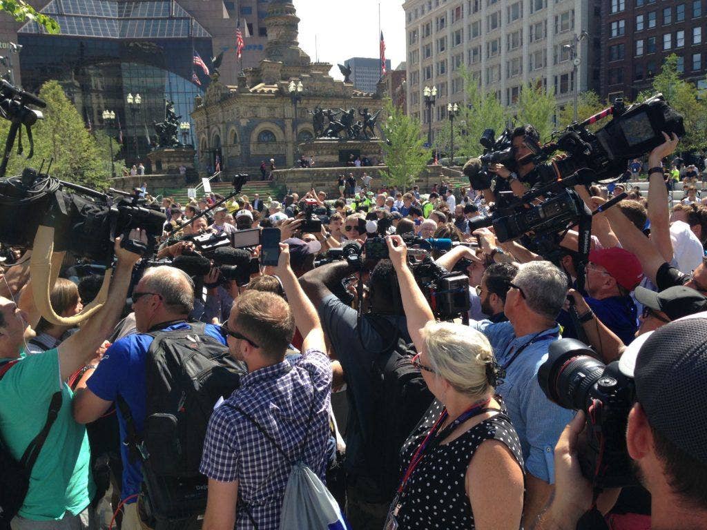 Media seemingly outnumber protesters during Vets Versus Hate event in Public Square in downtown Cleveland. (Photo: Ward Carroll)