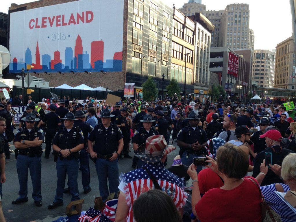 Police from several states line the entrance to the RNC complex in Cleveland. (Photo: Ward Carroll)