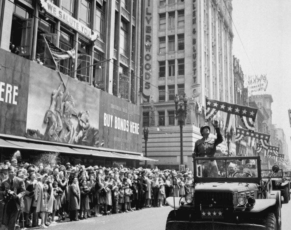 Patton in a Welcome Home Parade in Los Angeles, June 1945 (Army photo)