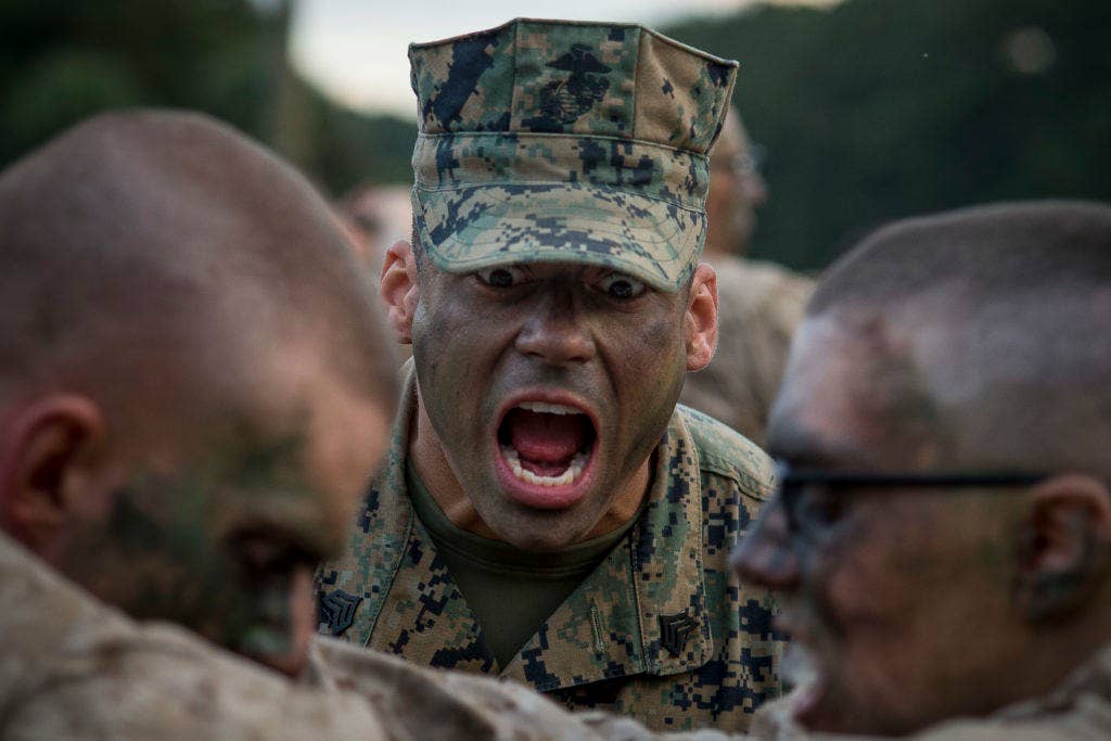 A U.S. Marine drill instructor motivates recruits with Alpha Company, 1st Recruit Training Battalion, as they perform knee-striking drills during the Crucible at Parris Island, S.C., Dec. 3, 2015. (U.S. Air Force photo by Staff Sgt. Jamal D.Sutter)