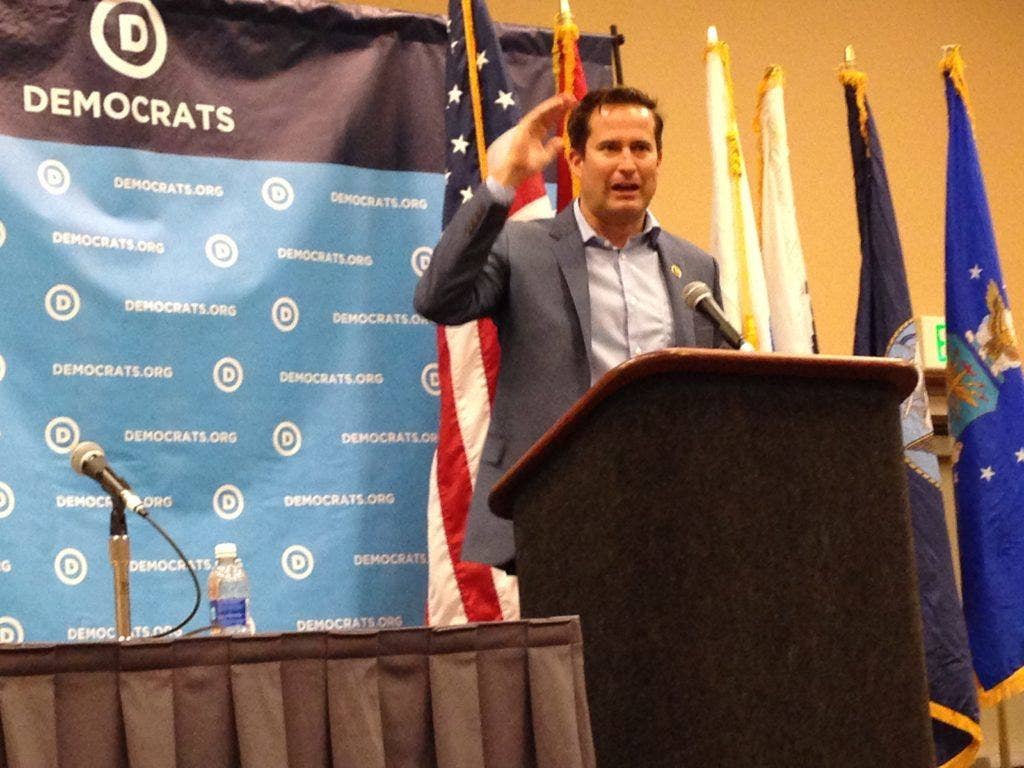 Congressman Seth Moulton, a Marine Corps vet., addressing the Veterans and Military Family caucus at the DNC in Philadelphia. (Photo: Ward Carroll)