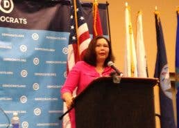 Tammy Duckworth speaking to a vet gathering at the DNC. (Photo: Ward Carroll)