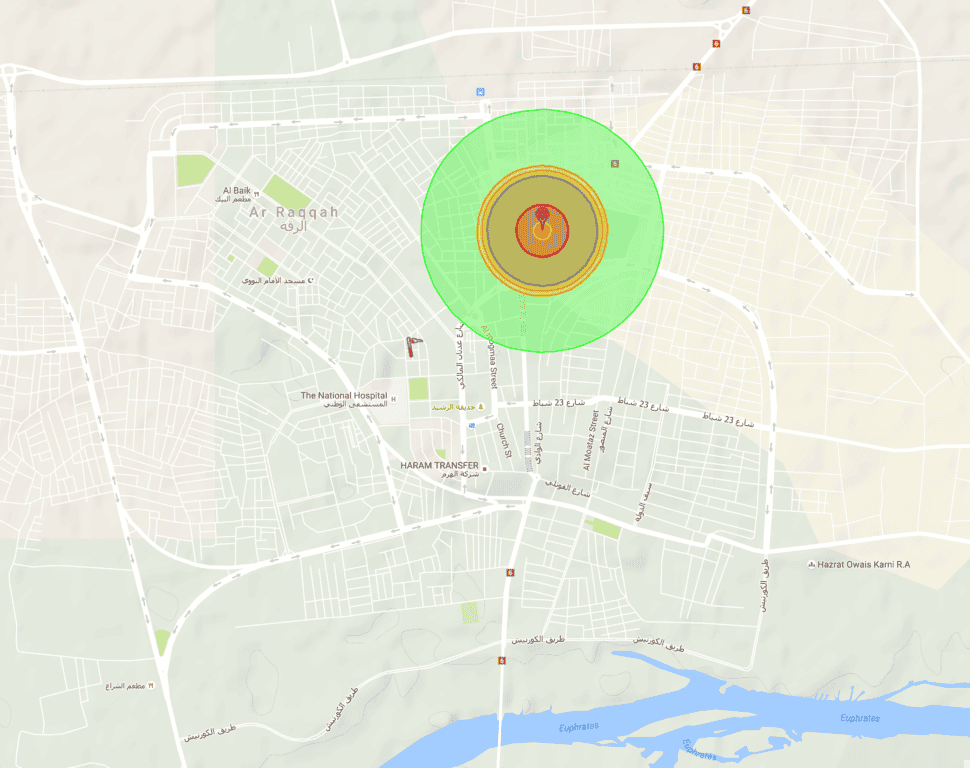 If a .3-kiloton nuclear explosion was properly aimed in Raqqa, Syria, it could avoid most protected sites while still inflicting massive damage on the ISIS capital. (Image: Google Maps and Nuclear Map)