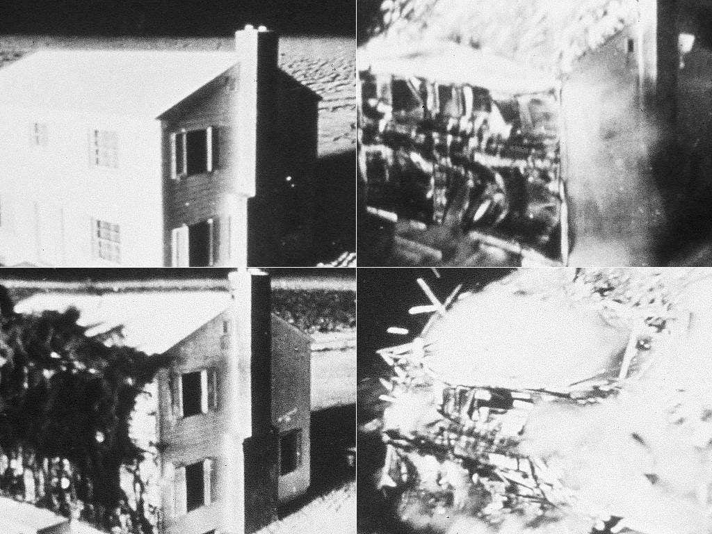 These four photos were taken as a nuclear blast ripped through the Nevada desert during a 1953 test. The pressure wave at the house was measured at 5 PSI. That same over-pressurization would be present at 340 yards from a .3-kiloton blast. (Photo: US Department of Defense)
