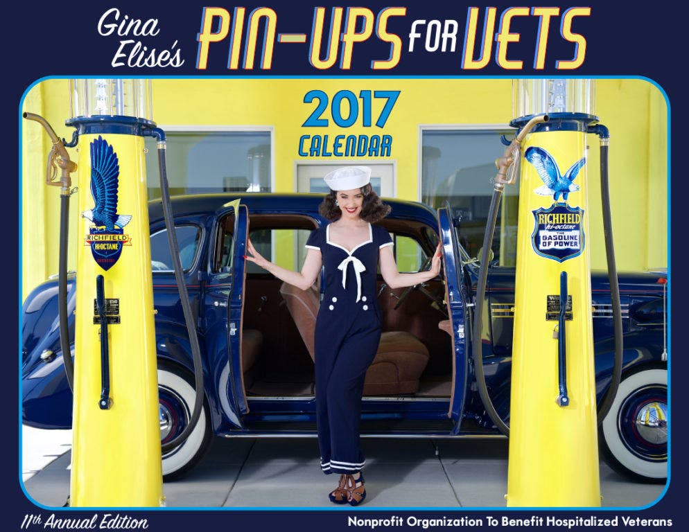 Gina Elise on the cover of Pin-Ups for Vets' 2017 Calendar (photo by Mike Davello)