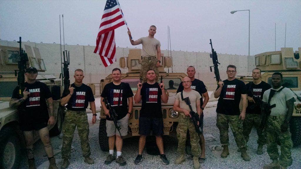 Deployed troops sporting Pin-Ups for Vets t-shirts.