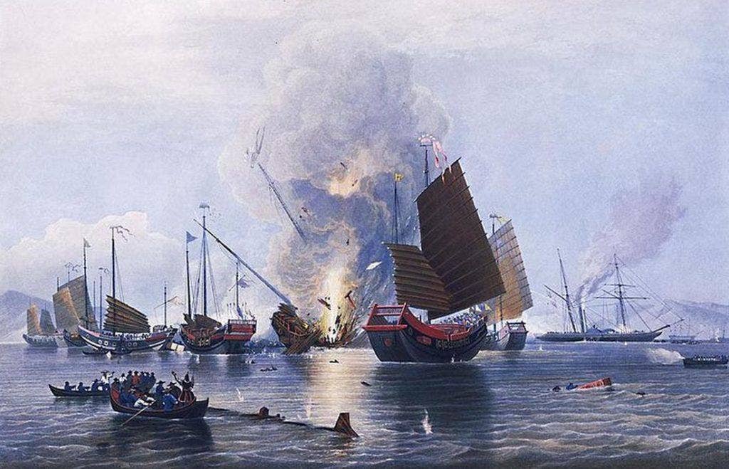 British iron steamship 'Nemesis' destroys a Chinese junk at the Second Battle of Chuenpi. | Edward Duncan painting
