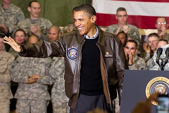 Obama with his A-1 flight jacket (USAF style) during a surprise visit to Afghanistan. (Photo: White House)