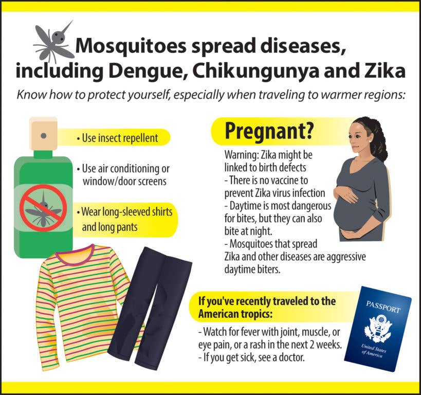 The Joint Base Myer-Henderson Hall Directorate of Public Works is asking that the joint base community be cognizant of the Zika virus, a mosquito-borne disease that has been declared a global emergency by the World Health Organization. There are no vaccines to treat or current medicines to prevent Zika virus infections, according to the U.S. Centers for Disease Control and Prevention. People infected with the disease should get plenty of rest and drink lots of fluids to prevent dehydration. (Joint Base Myer-Henderson Hall PAO graphic by Lorraine Walker)