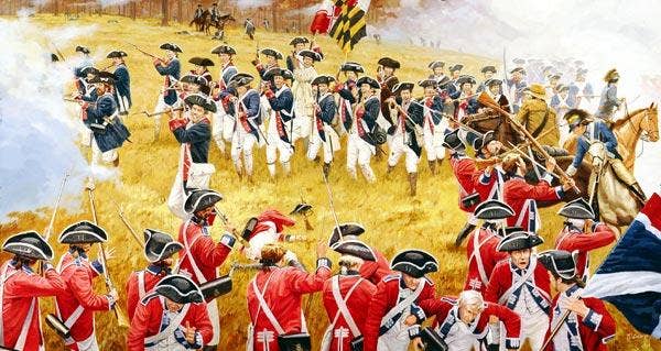 This painting depicts the British regulars engaging the Continentals at close range.