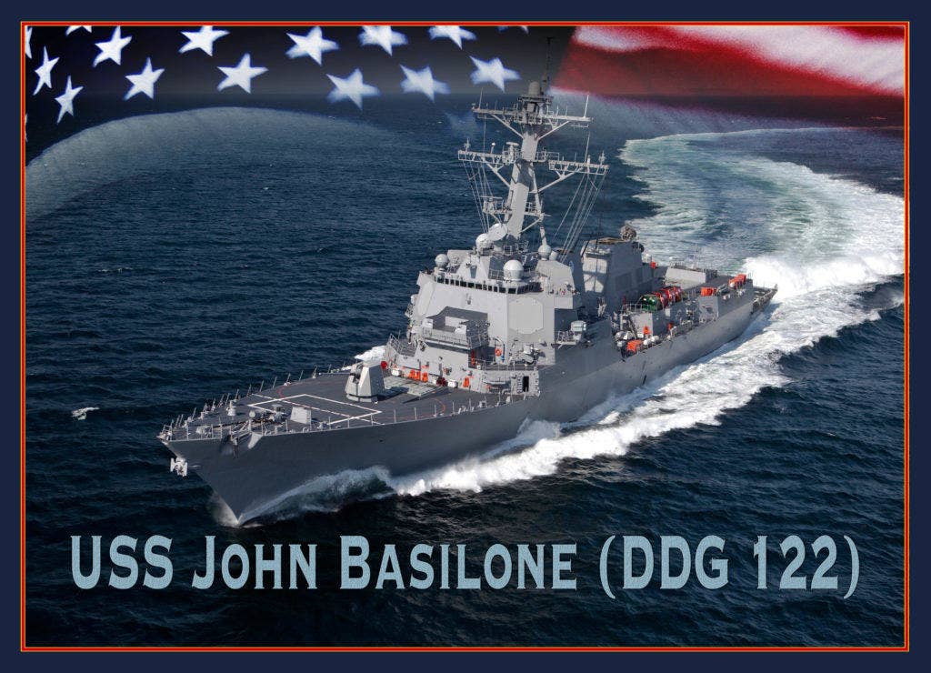 A photo illustration announcing that Arleigh-Burke class destroyer, DDG 124, will be named USS John Basilone. (U.S. Navy Photo Illustration/Released)