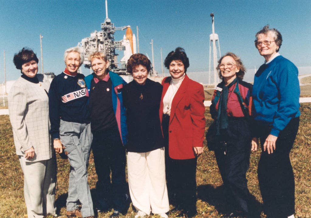 Visiting the space center as invited guests of STS-63 Pilot Eileen Collins, the first female shuttle pilot and later the first female shuttle commander, are (from left): Gene Nora Jessen, Wally Funk, Jerrie Cobb, Jerri Truhill, Sarah Rutley, Myrtle Cagle and Bernice Steadman. (Photo: NASA)