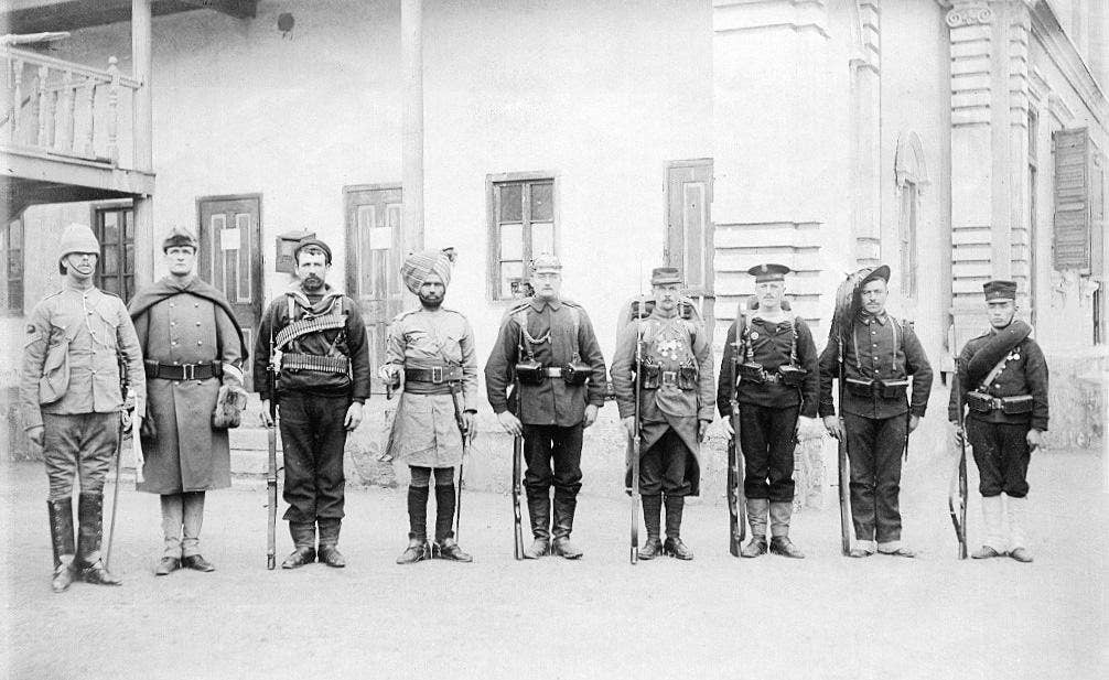 Troops of the Eight nations alliance of 1900 in China. Left to right: Britain, United States, Australia (British Empire colony at this time), India (British Empire colony at this time), Germany (German Empire at this time), France, Russia, Italy, Japan.