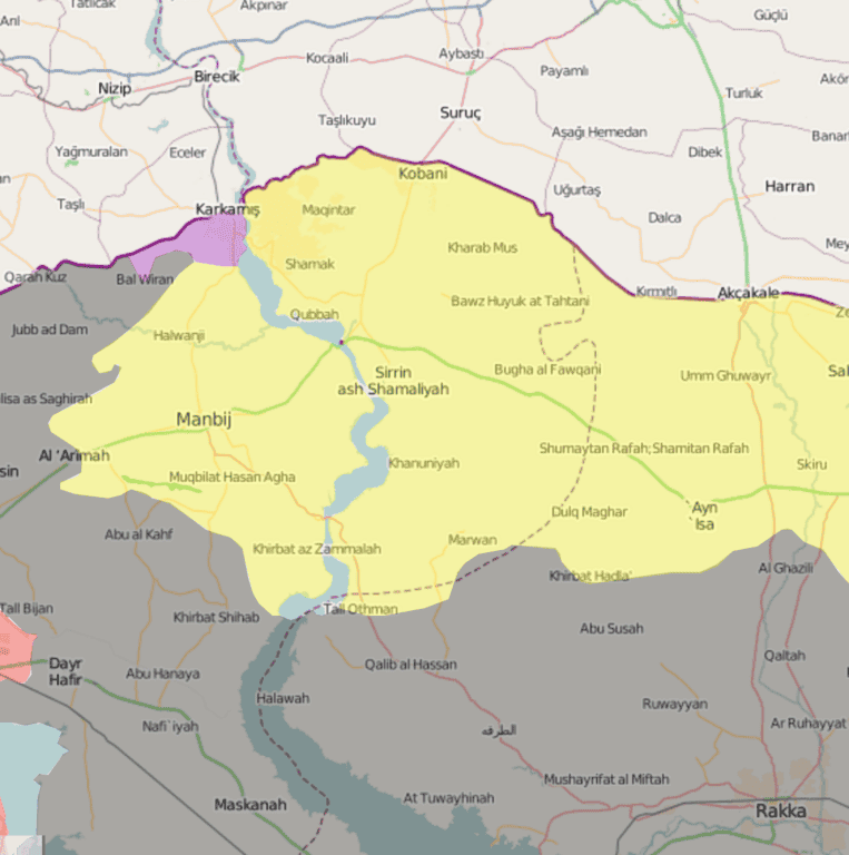 The area held by Turkey (purple) is expected to expand into the areas held by ISIS (black) and Kurdish fighters (yellow). (SyrianCivilWarMap.com)