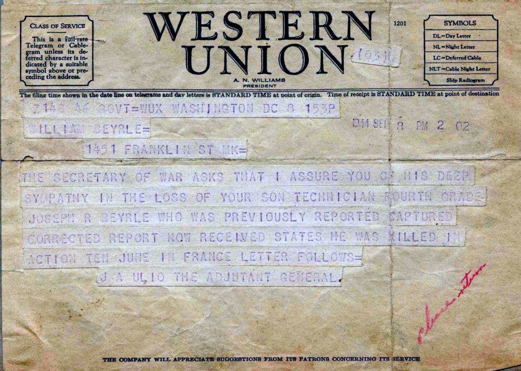 Scan of original War Dept. telegram received by Joe Beyrle's parents in Sept. 1944 informing them (erroneously) that he was KIA