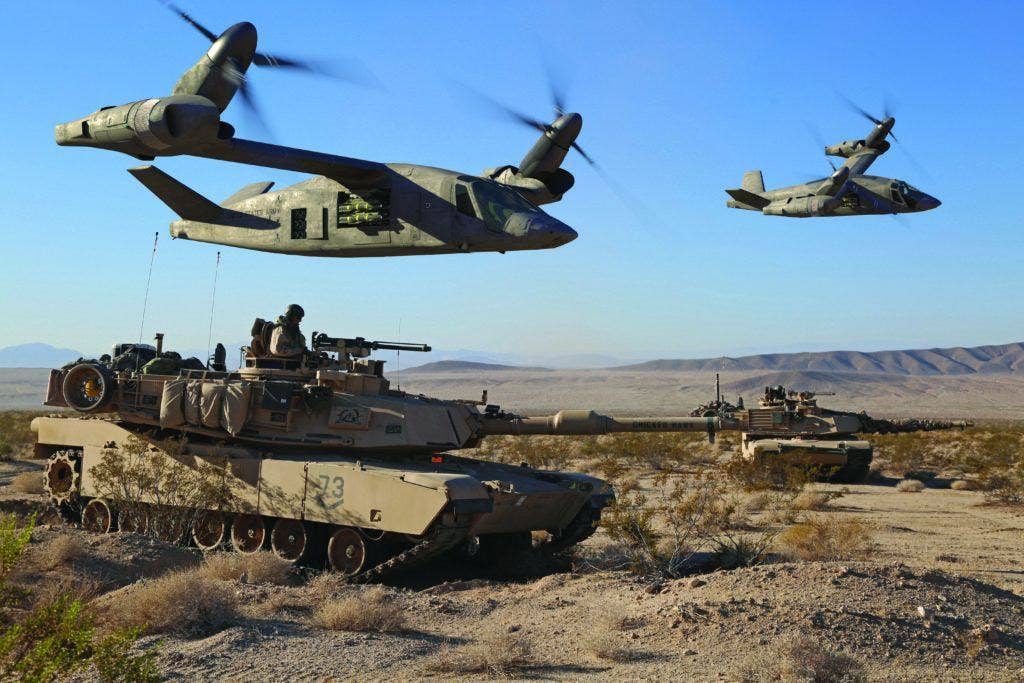 An artist's conception of V-280 Valors supporting a tank battle. (Photo: Bell Helicopter)