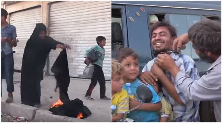 Women burning their burqas and men cutting their beards after ISIS is pushed out of Manbij.