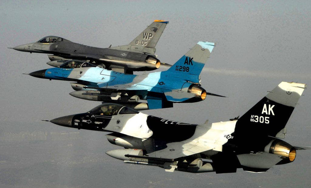 Three U.S. Air Force F-16 Fighting Falcon Block 30 aircraft from the 80th Fighter Squadron fly in formation over South Korea during a training mission on Jan. 9, 2008. (Dept. of Defense photo by Tech. Sgt. Quinton T. Burris, U.S. Air Force.)