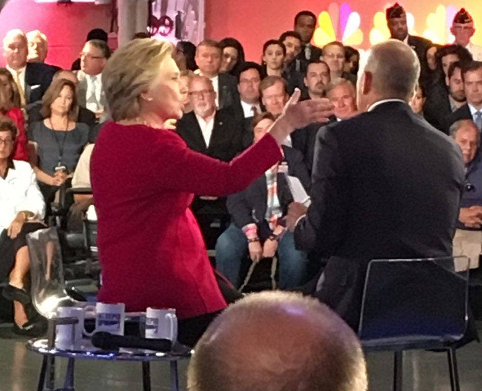 Hillary Clinton attempts to answer a vet question about her improper use of email while Secretary of State. (Photo: Ward Carroll)