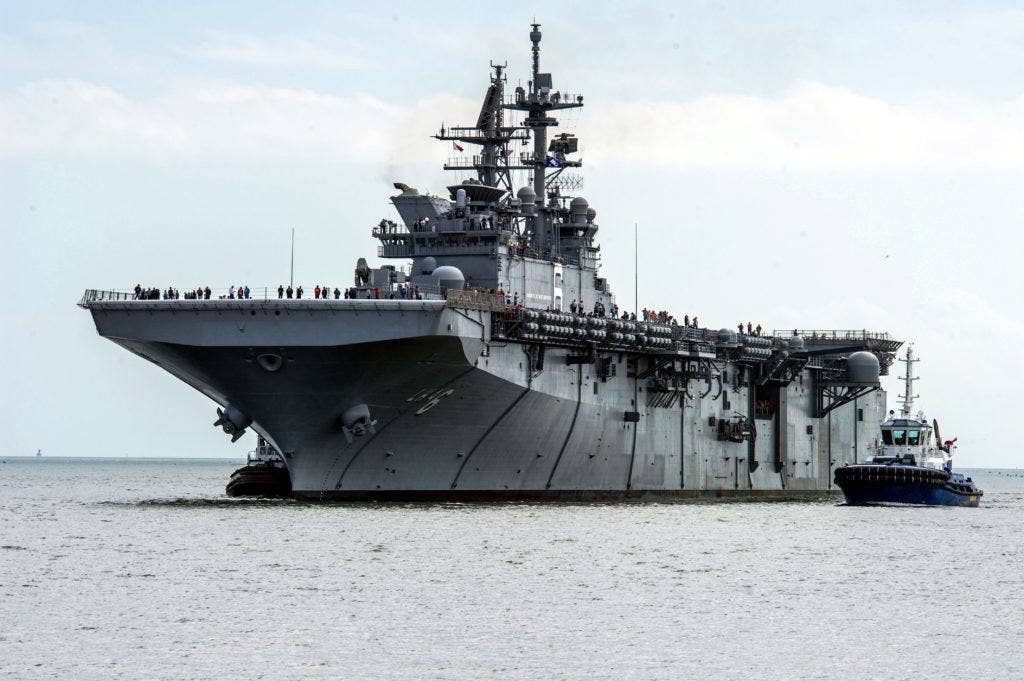 The U.S. Navy amphibious assault ship USS America (LHA-6) returns to Huntington Ingalls Shipyard, Pascagoula, Mississippi (USA), after completing sea trials. (U.S. Navy photo by Senior Chief Aviation Ordnanceman Lawrence Grove)