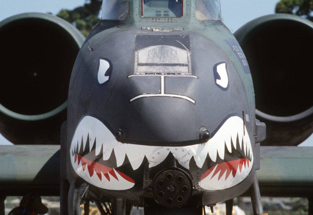 A front view of a 23rd Tactical Fighter Wing A-10 Thunderbolt II aircraft parked on the flight line during Exercise SOLID SHIELD '87. (U.S. Air Force photo)