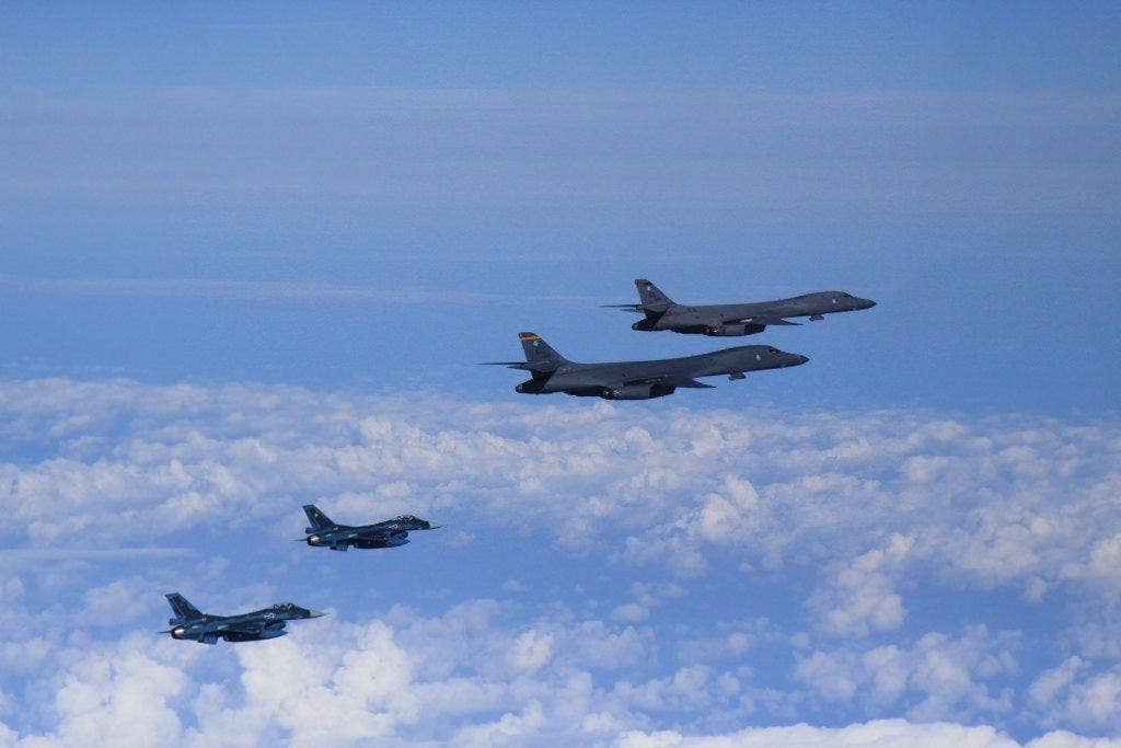 Two US Air Force B-1B strategic bombers from Andersen Air Force Base, Guam, conducted training with fighter aircraft from the Japan Air Self Defense Force and a low-level flight with fighter aircraft from the Republic of Korea. | Photo by US Forces Korea