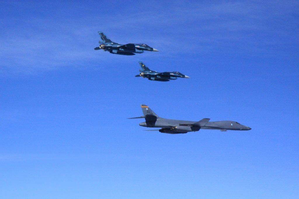 A B-1B being escorted by F-16s Photo by US Forces Korea