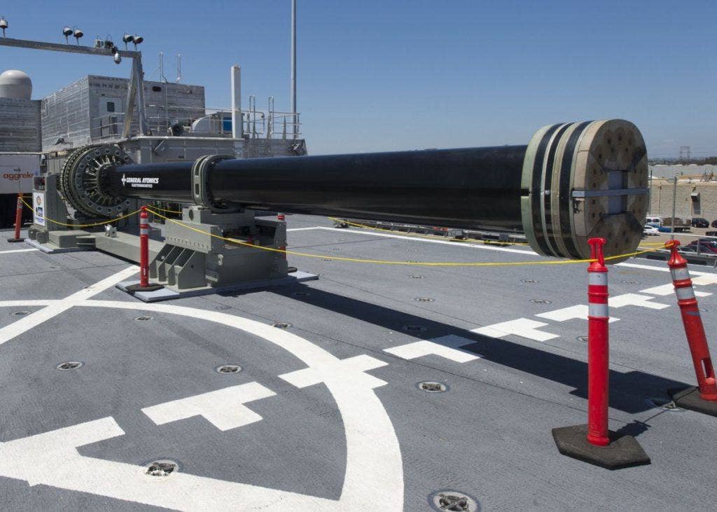 One of two electromagnetic railgun prototypes on display aboard joint high speed vessel USS Millinocket (JHSV 3) in port at Naval Base San Diego on July 8, 2014. | US Navy photo