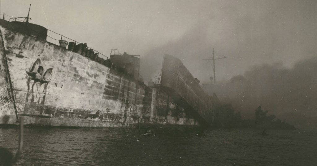The LST-39 burns on May 21, 1944, during the West Loch disaster at Pearl Harbor, Hawaii. (Photo: U.S. Army Signal Corps)
