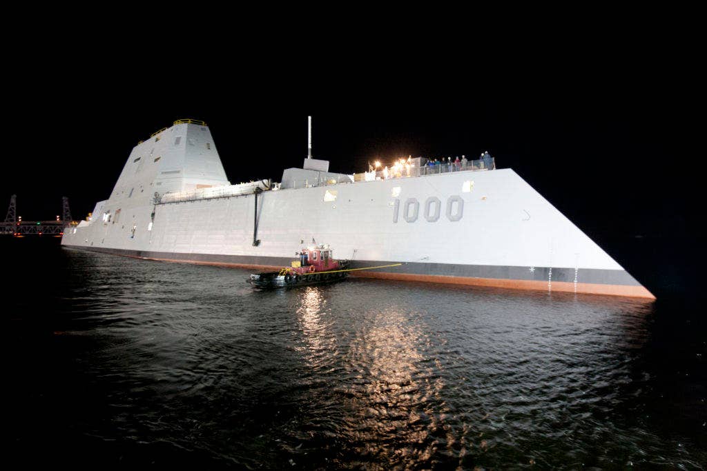 The Zumwalt-class guided-missile destroyer DDG 1000 is floated out of dry dock at the General Dynamics Bath Iron Works shipyard. (Photo: U.S. Navy)