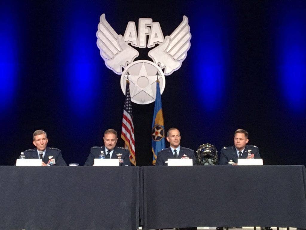 (L-R) Carlisle, Bogdan, Pleus, and Lyons at AFA Convention briefing on state of the F-35 program. (Photo: Ward Carroll)