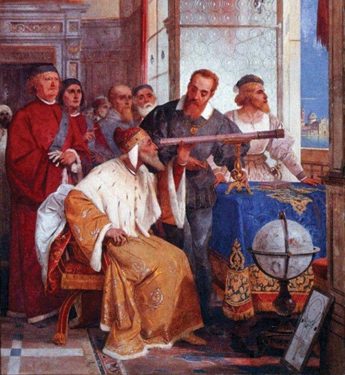 Galileo Galilei created an 8-9x magnification telescope that he showed off the Venetian leaders. (Photo: Fresco by Giuseppe Bertini, Public Domain)