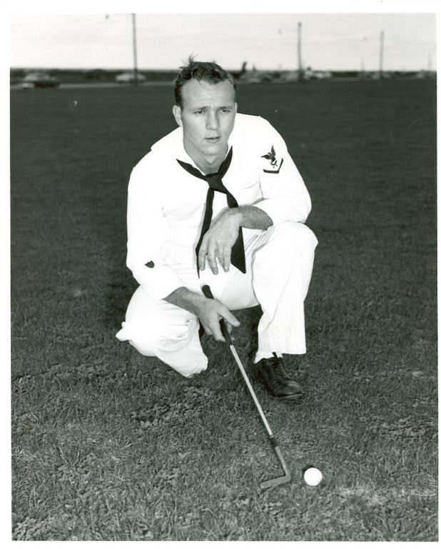 Arnold Palmer, 23, played in the North and South Amateur Golf Championship held at Pinehurst Country Club, Pinehurst, N.C., April 20, 1953, while on leave from his yeoman duties in the 9th District Auxiliary office. | US Coast Guard historical photo