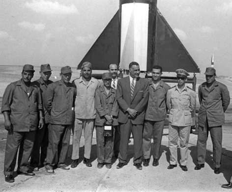 Egyptian Leader Gamal Abdel Nasser with a team of rocket scientists (1962).