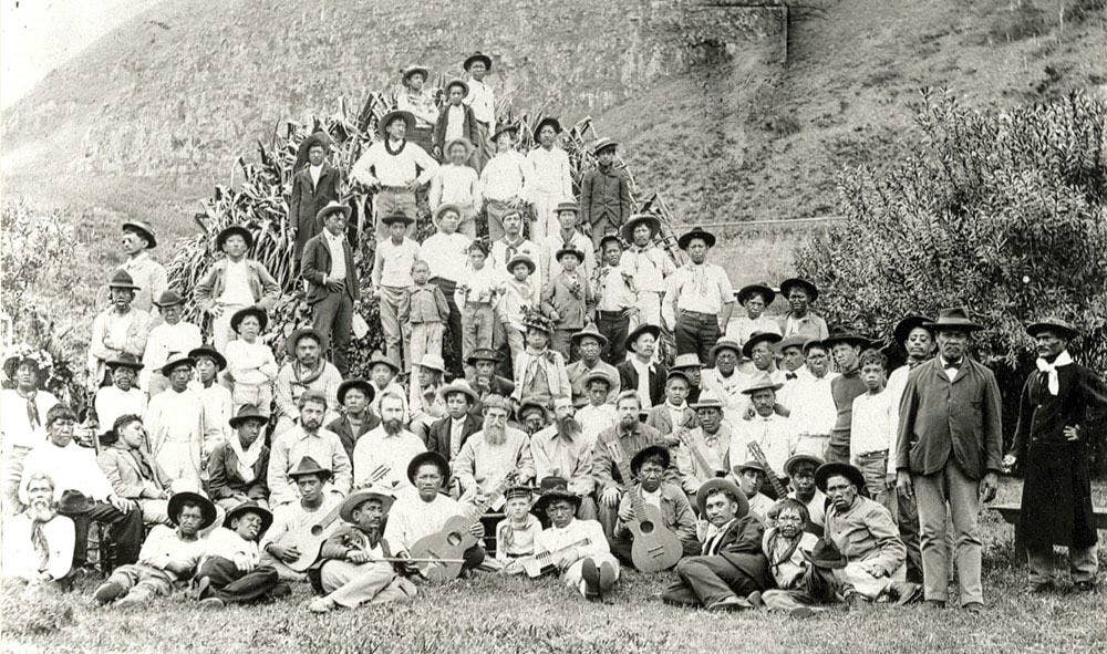Brother Joseph Dutton, center front, with Kalaupapa boys and men.