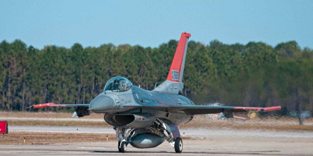 The first QF-16 target aircraft seen at Tyndall Air Force Base in 2012. | US Air Force photo by Chris Cokeing