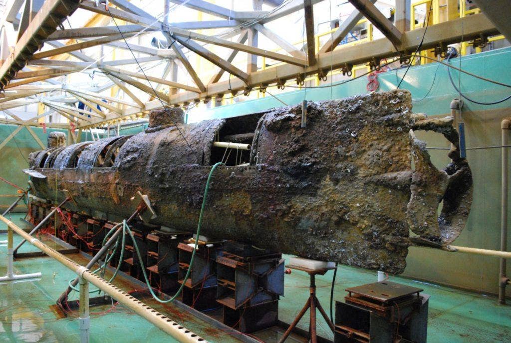 The Hunley after being pulled up from the bottom of Charleston Harbor. The sub now sits in the H.L. Hunley Museum in Charleston, South Carolina.