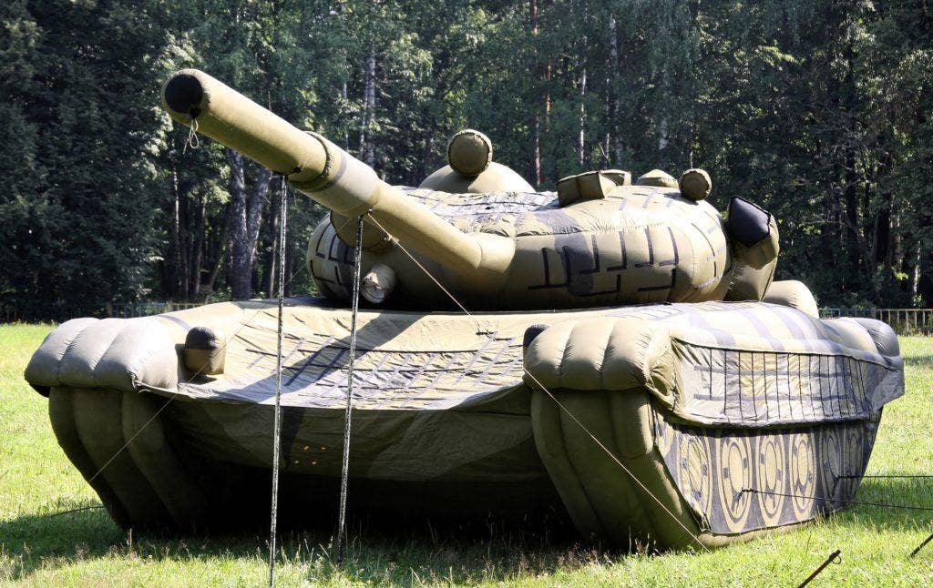 An inflatable mock-up of a T-72 tank, from the 45th Separate Engineer-Camouflage Regiment of Russia.