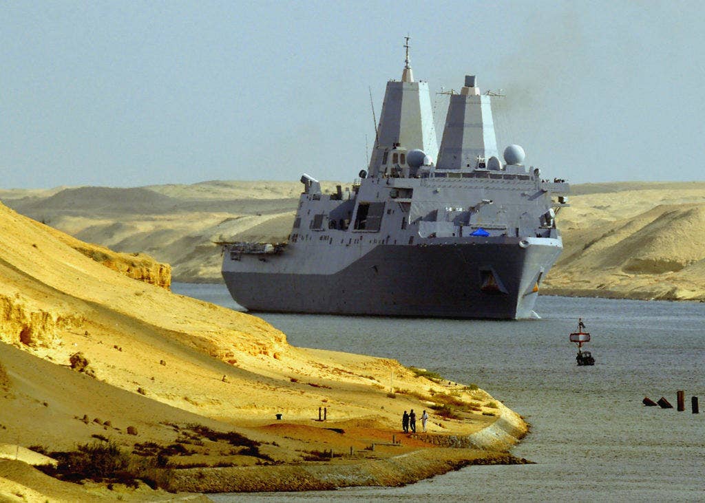 The amphibious transport dock ship USS San Antonio (LPD 17) transits through the Suez Canal. (U.S. Navy photo by Mass Communication Specialist 2nd Class Jason R. Zalasky)