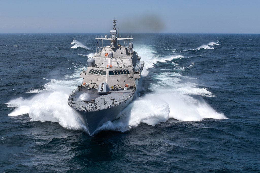 The future USS Detroit (LCS 7) conducts trials on July 14, 2016. The Detroit was commissioned in a ceremony in its namesake city on Oct. 22. (U.S. Navy Photo courtesy of Lockheed Martin-Michael Rote/Released)