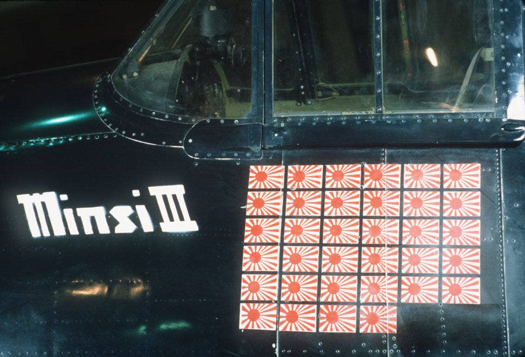 Navy Commander David S. McCampbell's plane had 34 Japanese flags to represent his victories over that many Japanese planes.&nbsp;(Photo: U.S. Navy Photographer's Mate Second Class Paul T. Erickson)