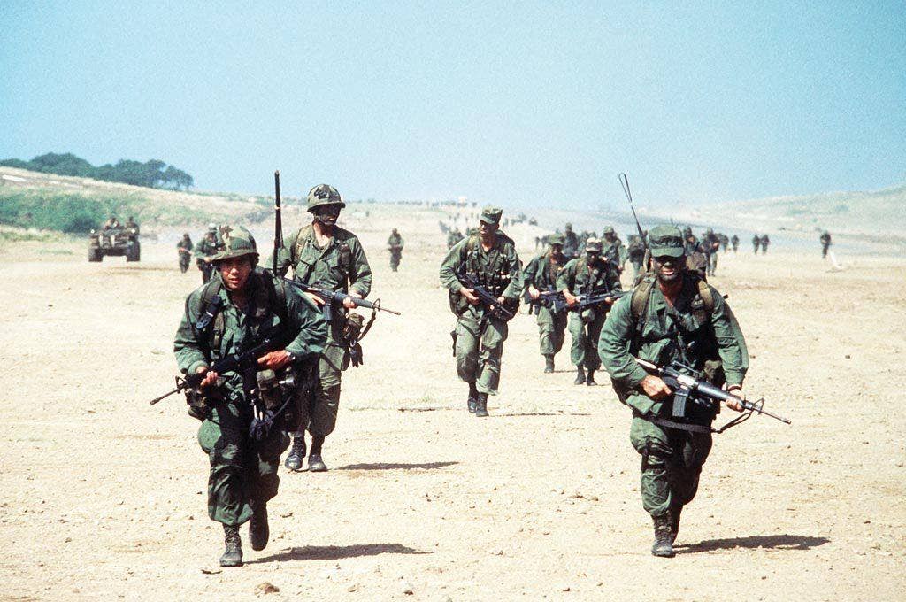 Rangers from C Company, 1st Battalion, 75th Ranger Regiment during Operation Urgent Fury, Oct. 25, 1983. (DoD photo)