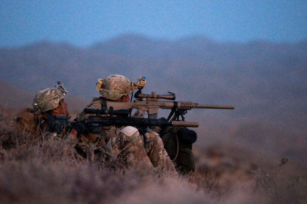 Army snipers survey the battlefield using the M110 semi-automatic sniper system (the FDE rifle) and the new M2010 bolt-action sniper rifle chambered in .300 WinMag. (Photo from U.S. Army)