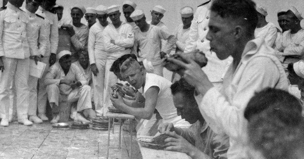A pie-eating contest on the USS Maryland, 1922.