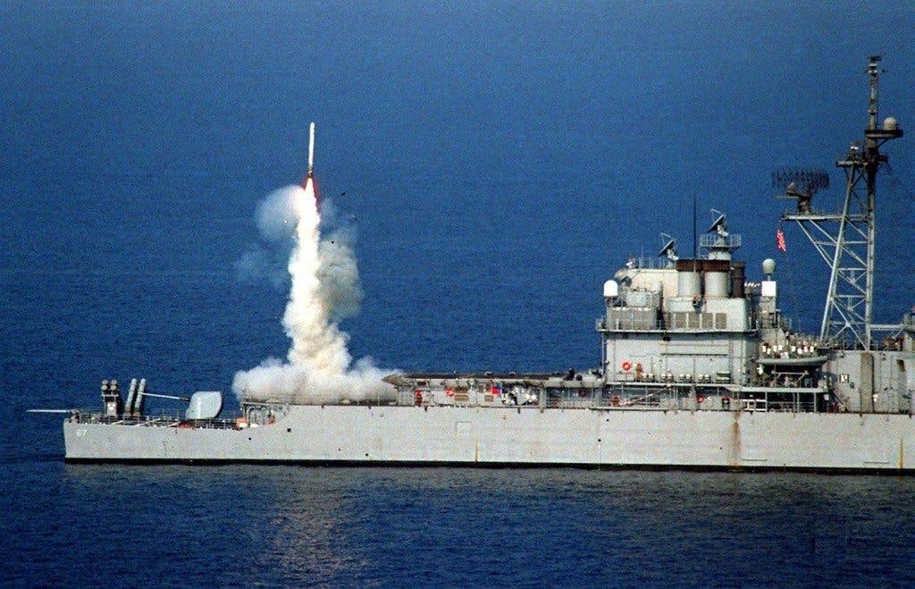 A Tomahawk missile launches from the stern vertical launch system of the USS Shiloh. | US Navy photo
